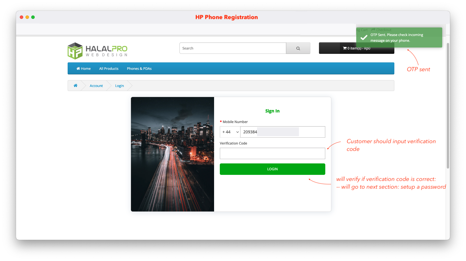 verification code that sent after a customer input phone number opencart
